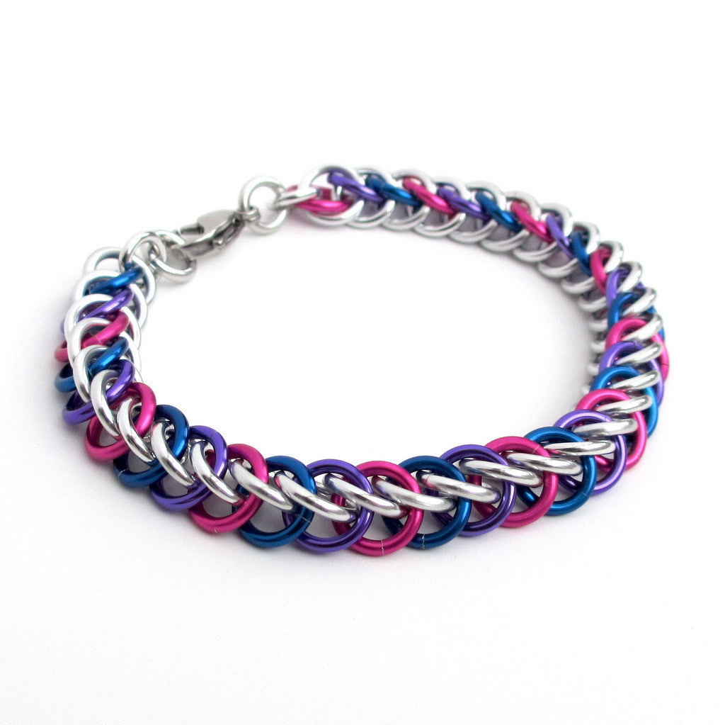 Bi pride bracelet, chainmaille half Persian 3 in 1 weave