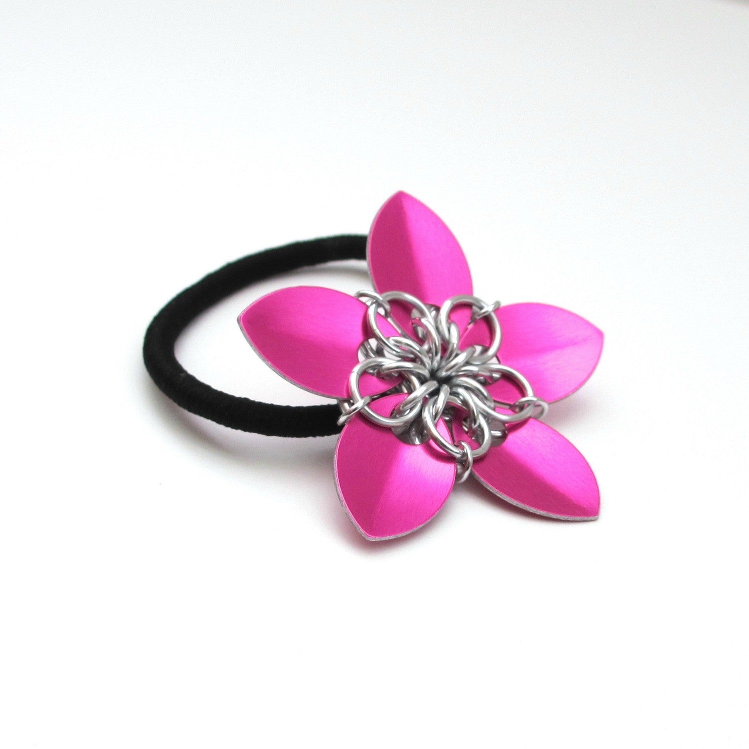 Hot pink chainmaille flower hair accessory