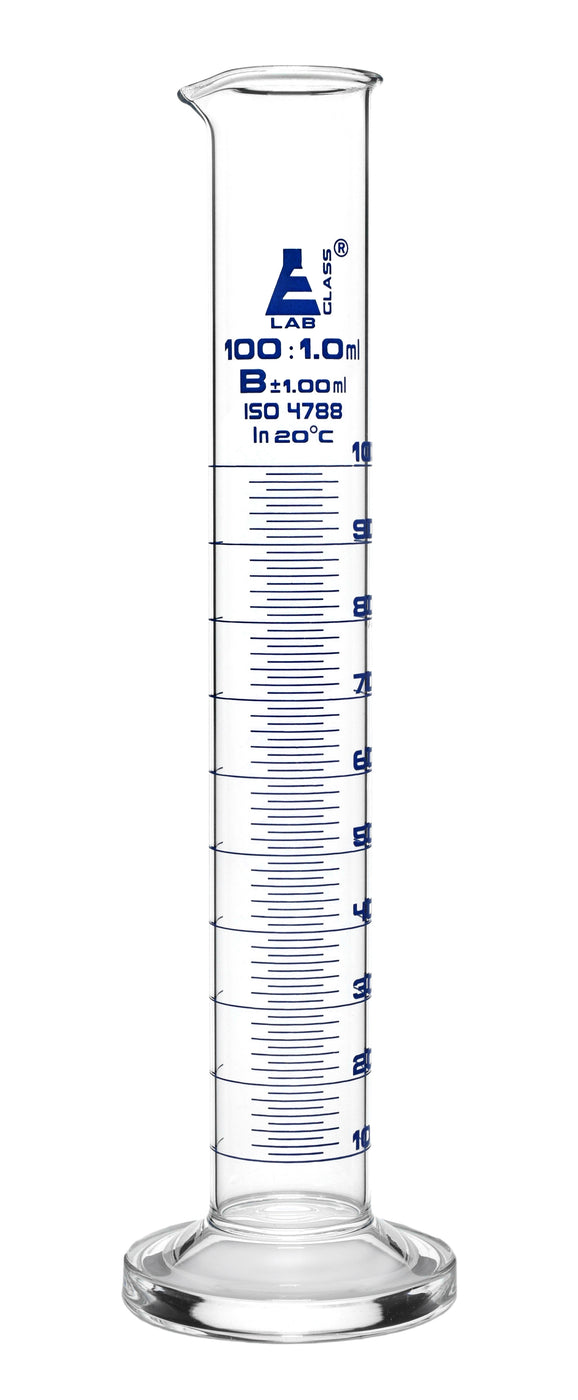 Graduated Cylinder 100ml Class B Blue Graduations Round Base — Eisco Labs 9622