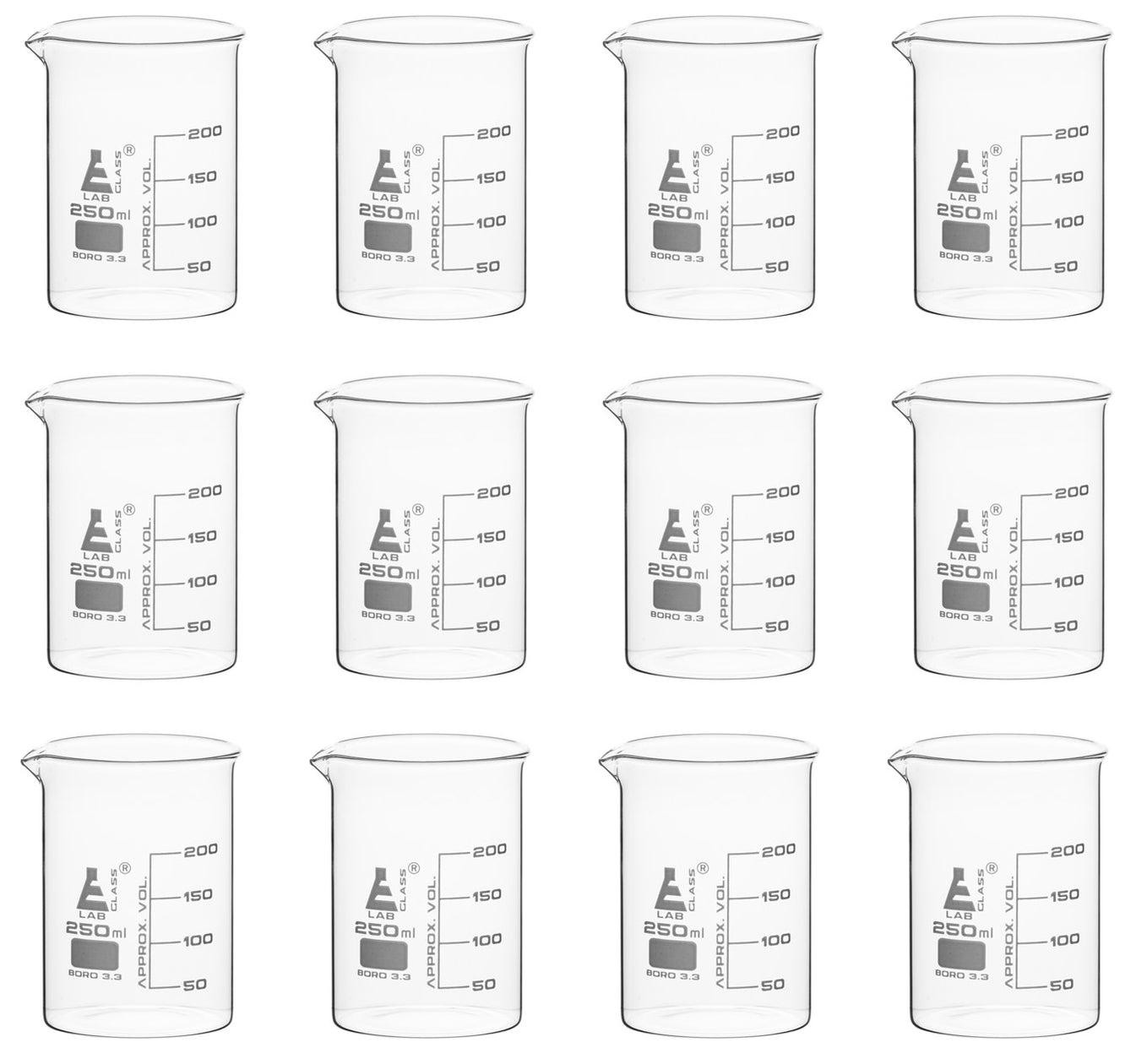 12pk Beakers 250ml Low Form 50ml Graduations Borosilicate Glass — Eisco Labs 8606