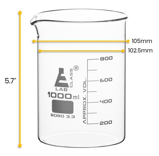 Beaker 1000ml Low Form 100ml Graduations Borosilicate Glass Eisco Labs