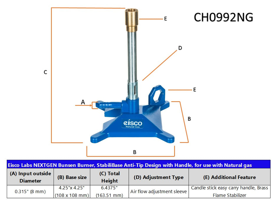 Natural Gas Bunsen Burner Stabilibase Anti Tip Design With Handle Wi Eisco Labs