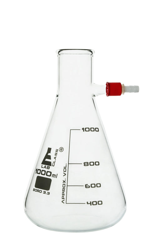 过滤烧瓶，1000ml  - 硼硅酸盐玻璃 - 圆锥形，带有整体塑料侧臂 - 白色毕业 - 艾斯科实验室欧宝体育官网进入
