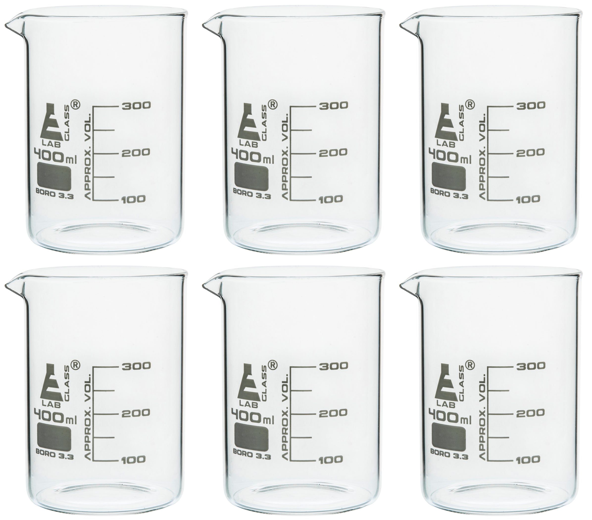 6pk Beakers 400ml Griffin Style Low Form With Spout White 50ml — Eisco Labs 4206