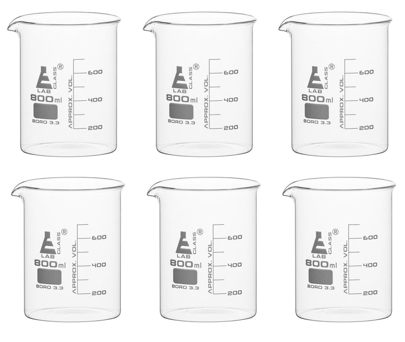 6pk Beakers 800ml Low Form 100ml Graduations Borosilicate Glass — Eisco Labs 5672