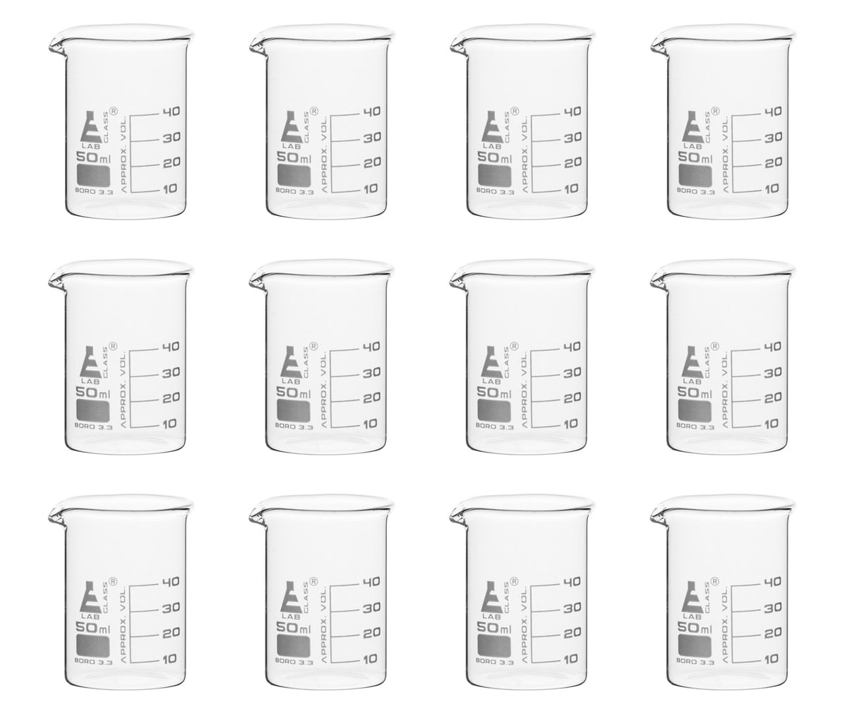 12pk Beakers 50ml Low Form 10ml Graduations Borosilicate Glass — Eisco Labs 4229