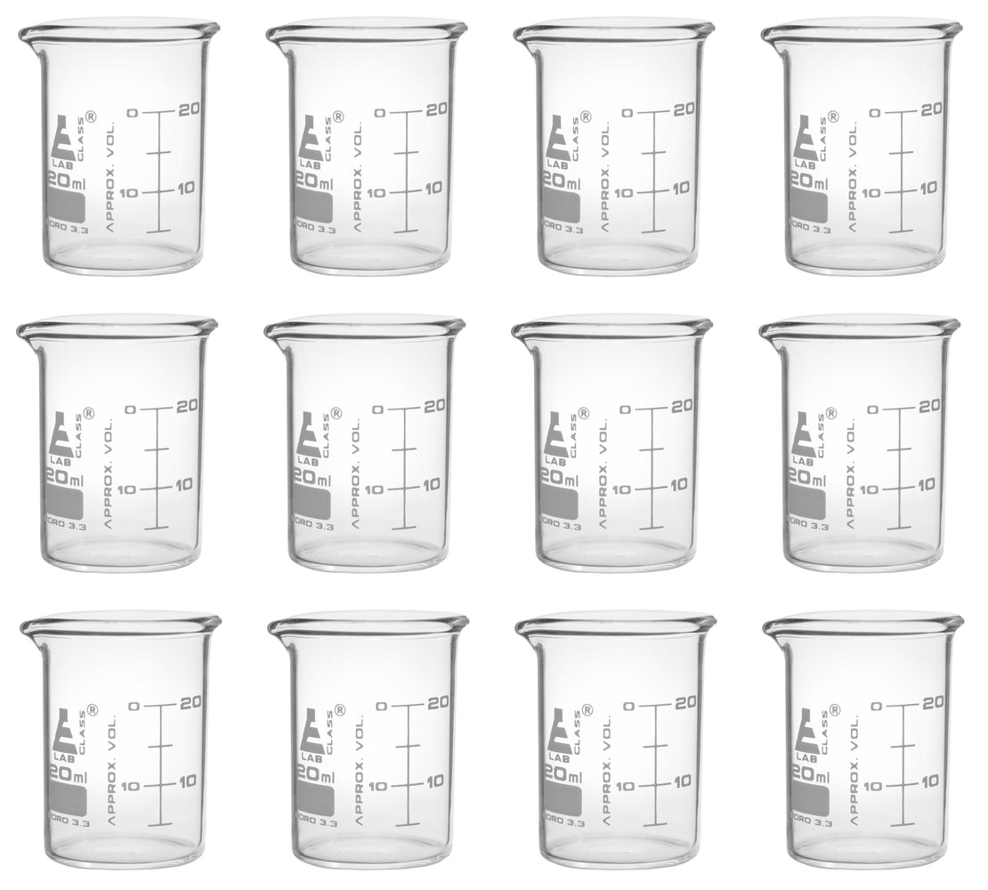 12pk Beakers 20ml Astm Low Form Dual Scale Graduations Borosil — Eisco Labs 5301