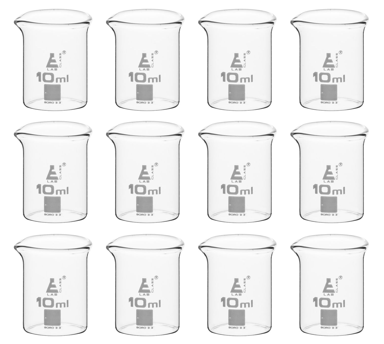 12pk Beakers 10ml Low Form Ungraduated Borosilicate Glass — Eisco Labs 8546