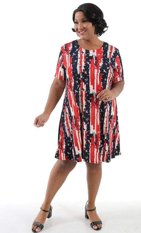 woman wearing an american flag print dress