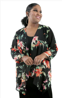 woman wearing sheer floral print jacket