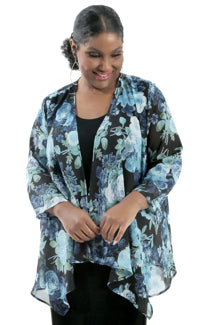 woman wearing sheer floral print jacket