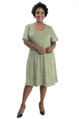 woman wearing a lemon tweed print t shirt style dress