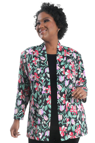 woman wearing a modern floral print jacket