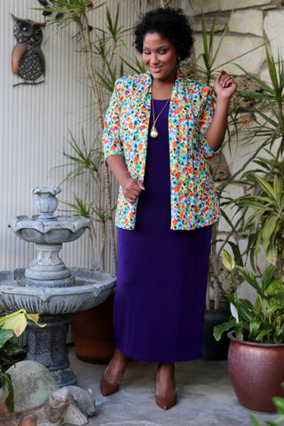 woman wearing a monet floral print jacket