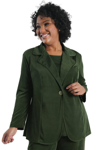 woman wearing an olive green blazer