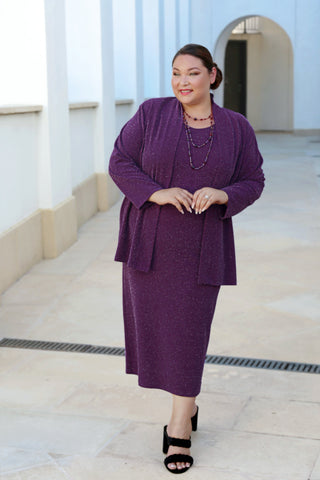 woman wearing sparkle eggplant separates