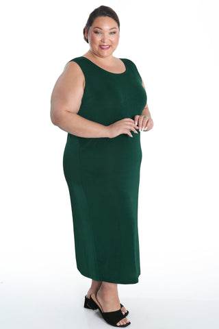 woman wearing a hunter green sparkle maxi tank dress