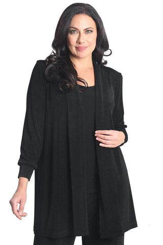 woman wearing a black kimono jacket