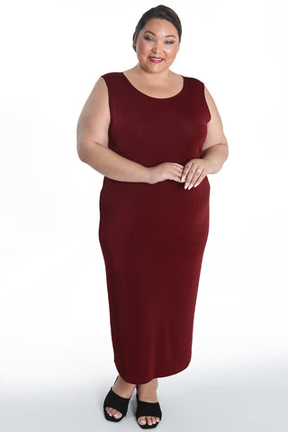 woman wearing a wine colored maxi tank dress