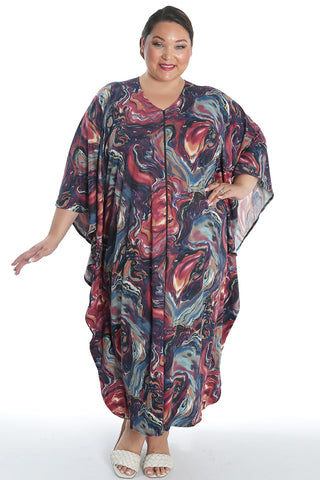 woman wearing a marble print caftan