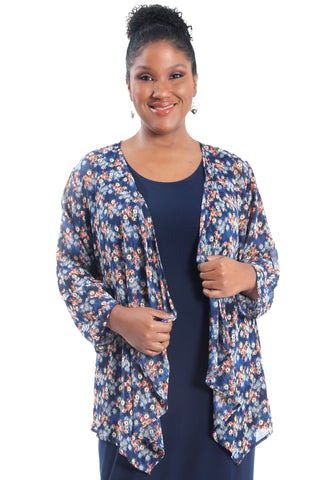 woman wearing a nora print sheer cardigan