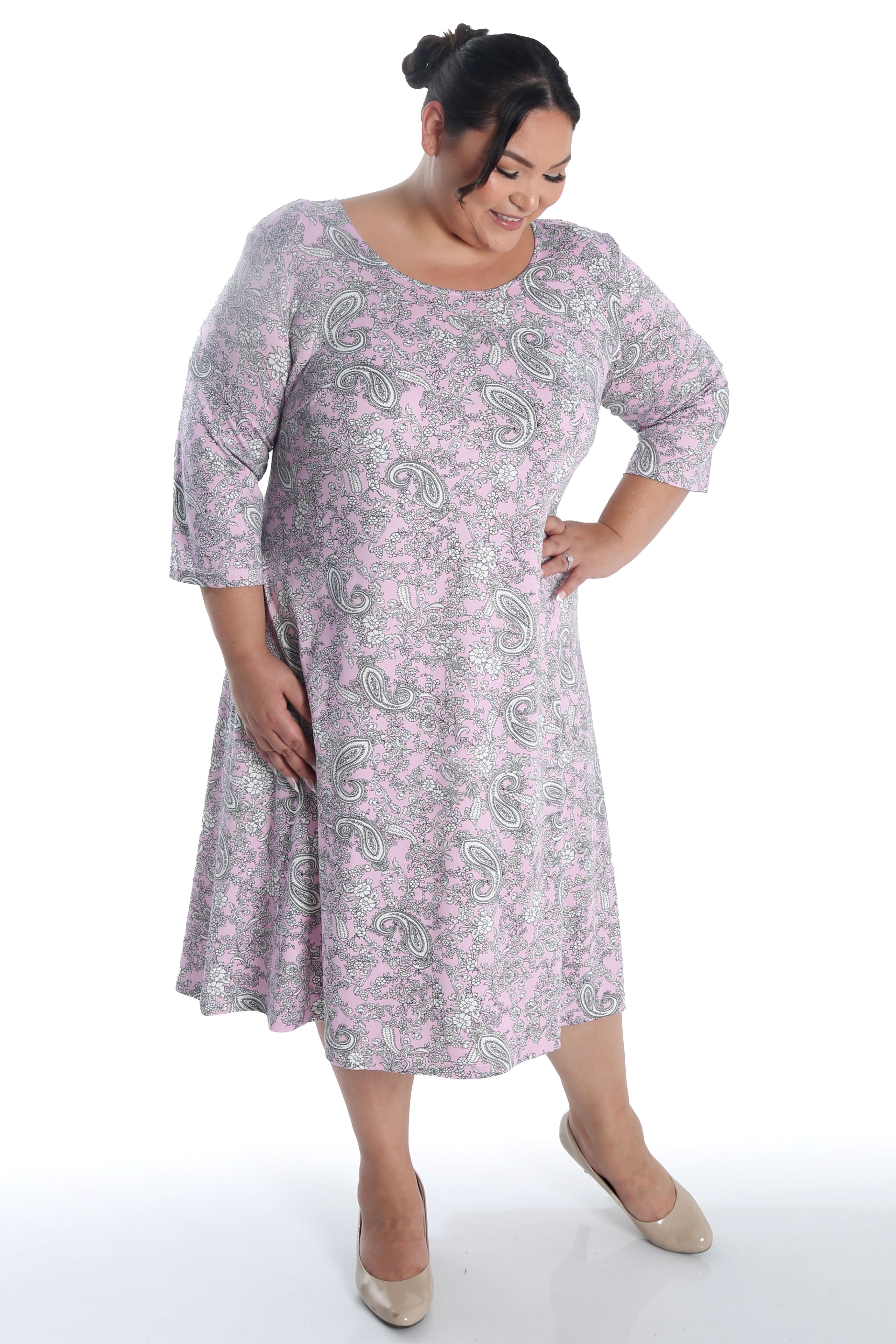 Vikki Vi Jersey Pink Paisley 3/4 Sleeve A-Line Dress