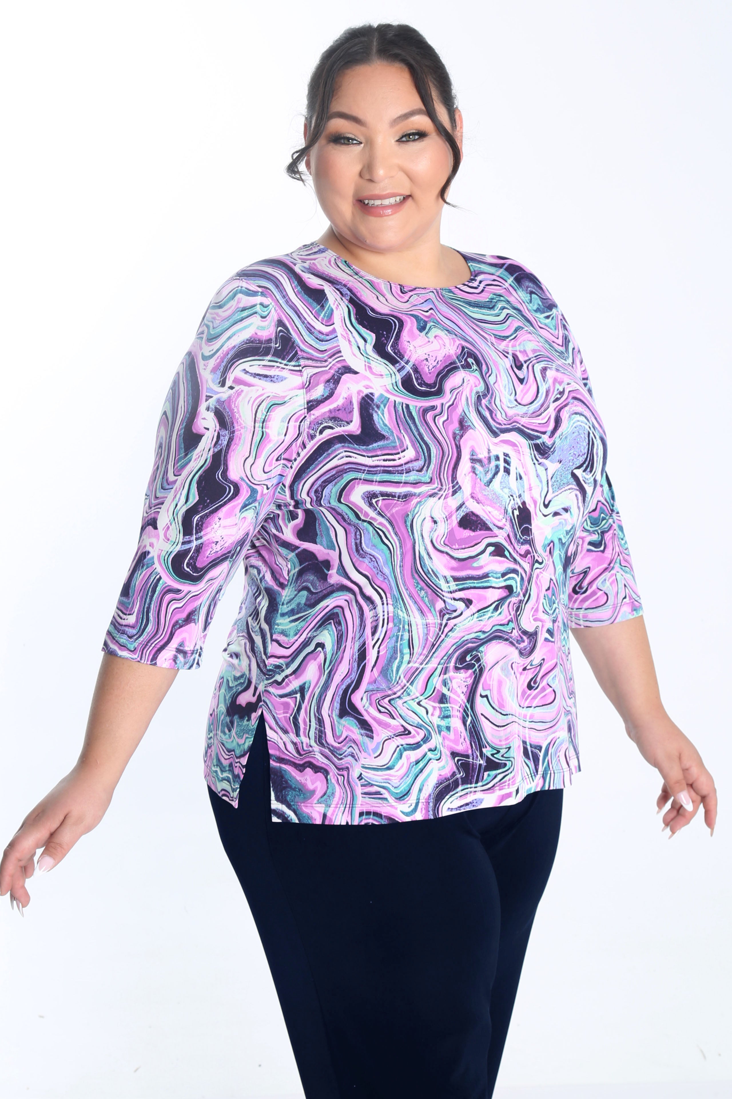 Vikki Vi Jersey Pink Swirl 3/4 Sleeve Top