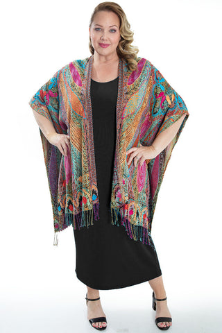 woman wearing a colorful print shawl