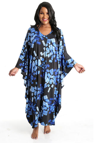 Allegra in a blue print caftan