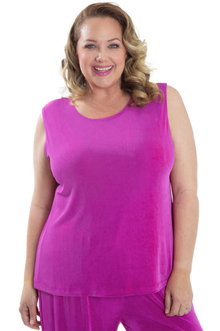 woman wearing a cerise hot pink tank top