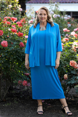 woman wearing cerulean blue separates