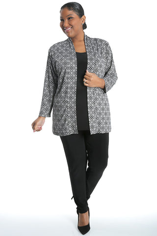 woman wearing a coco ditzy patterned kimono jacket