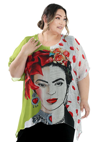 woman wearing a sheer Frida Kahlo print top