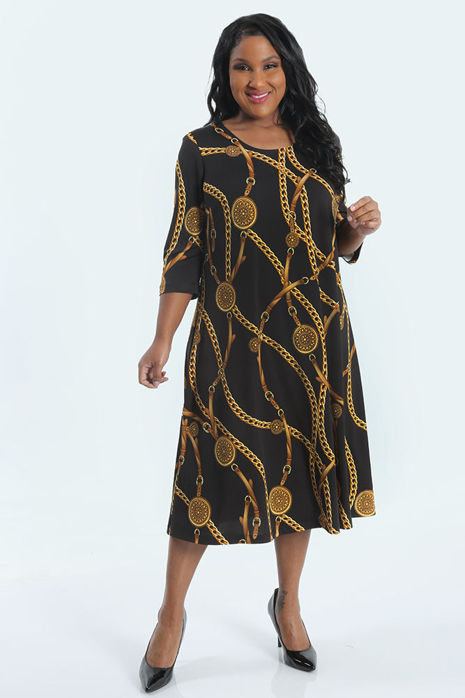 Vikki Vi Jersey Black Chain 3/4 Sleeve A-Line Dress