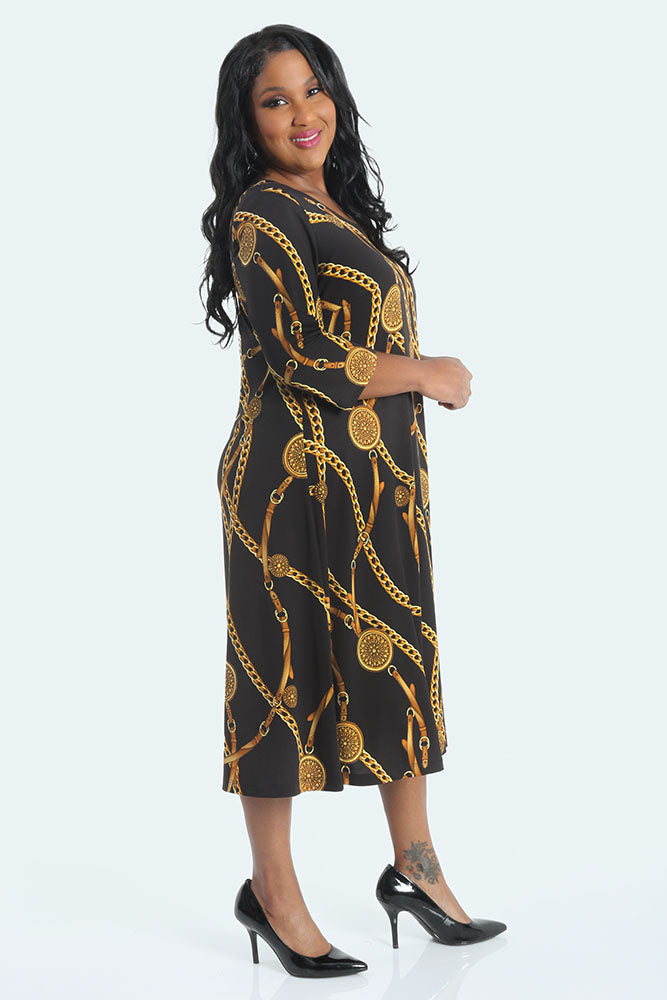 Vikki Vi Jersey Black Chain 3/4 Sleeve A-Line Dress