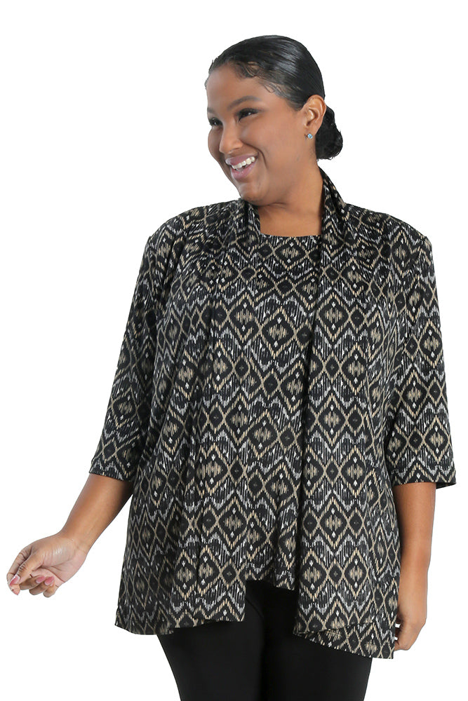 Vikki Vi Jersey Gold Ikat 3/4 Sleeve Kimono Jacket