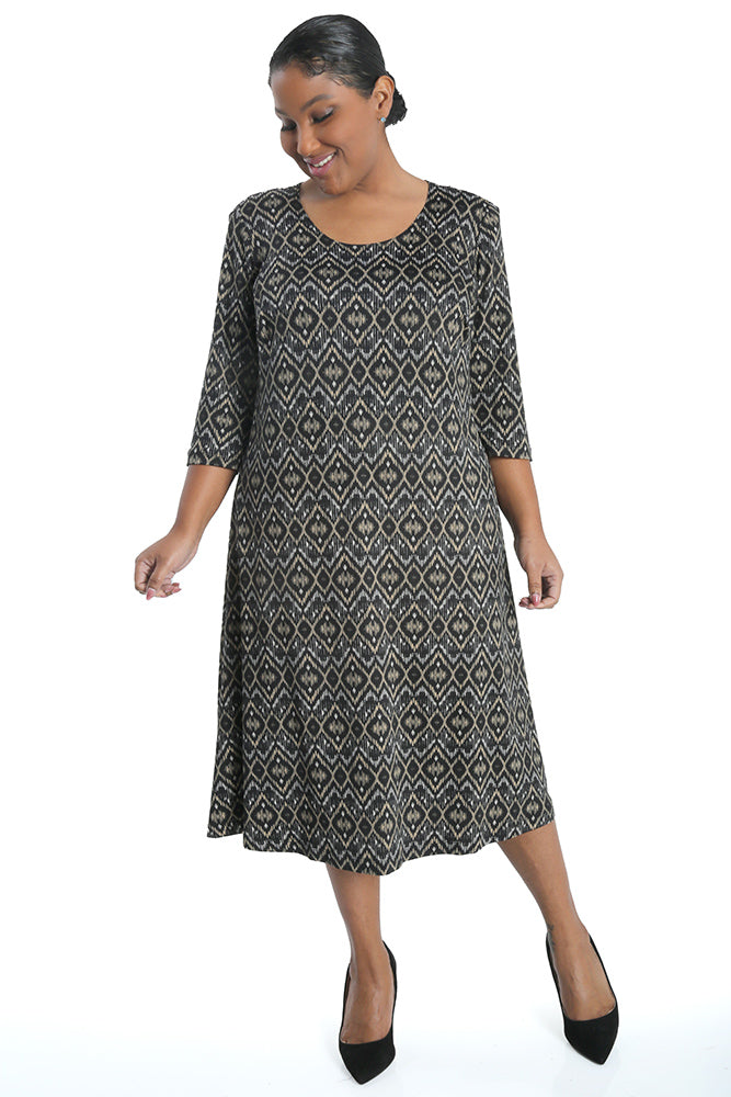 Vikki Vi Jersey Gold Ikat 3/4 Sleeve A-Line Dress