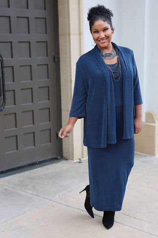 woman wearing a french blue 3/4 sleeve kimono jacket over a matching maxi tank dress