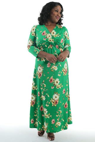 woman wearing a bright green print dress