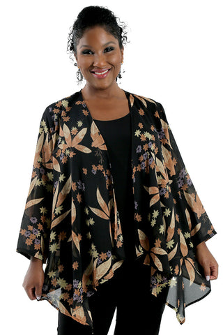 woman wearing a leaf pattern jacket