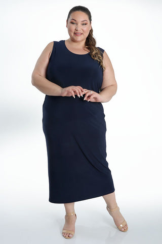 woman wearing a navy maxi tank dress