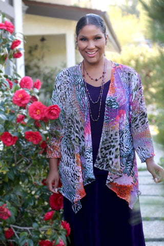 woman wearing a pheasant print jacket