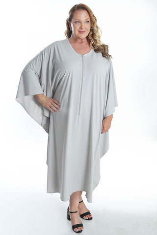 woman wearing platinum gray kaftan