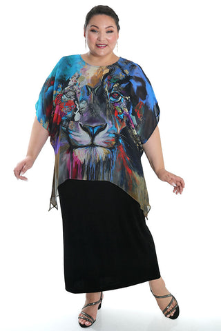 woman wearing an art print top