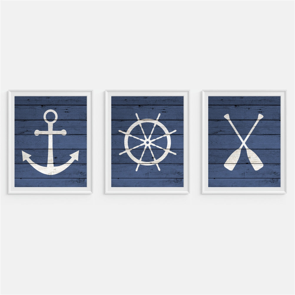 Nautical Wall Art Blue Oars Anchor And Ship Wheel Picturality