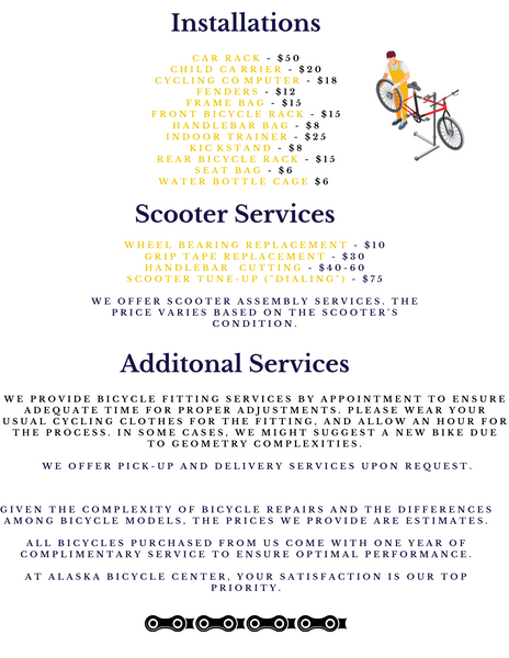 Alaska Bicycle Center's Installation and Scooter Service Menu