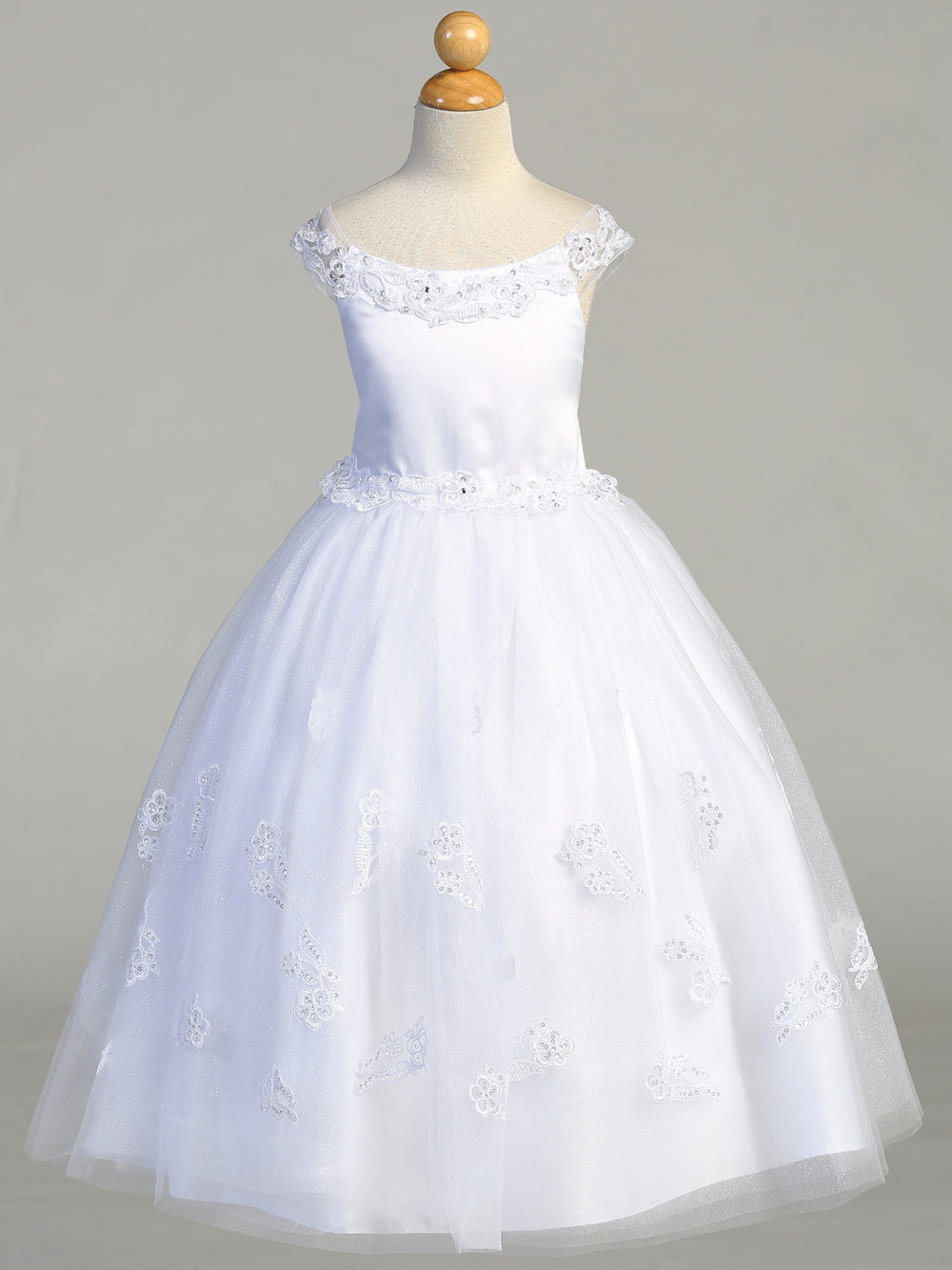 Beaded Satin First Communion Dress with Tulle Skirt - SP917