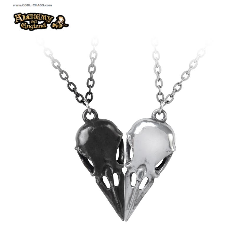 2 Raven Skulls Form Heart Necklaces 