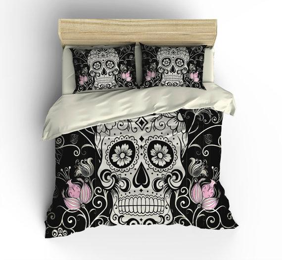 Black And White Pink Flower Sugar Skull Comforter Duvet Cover