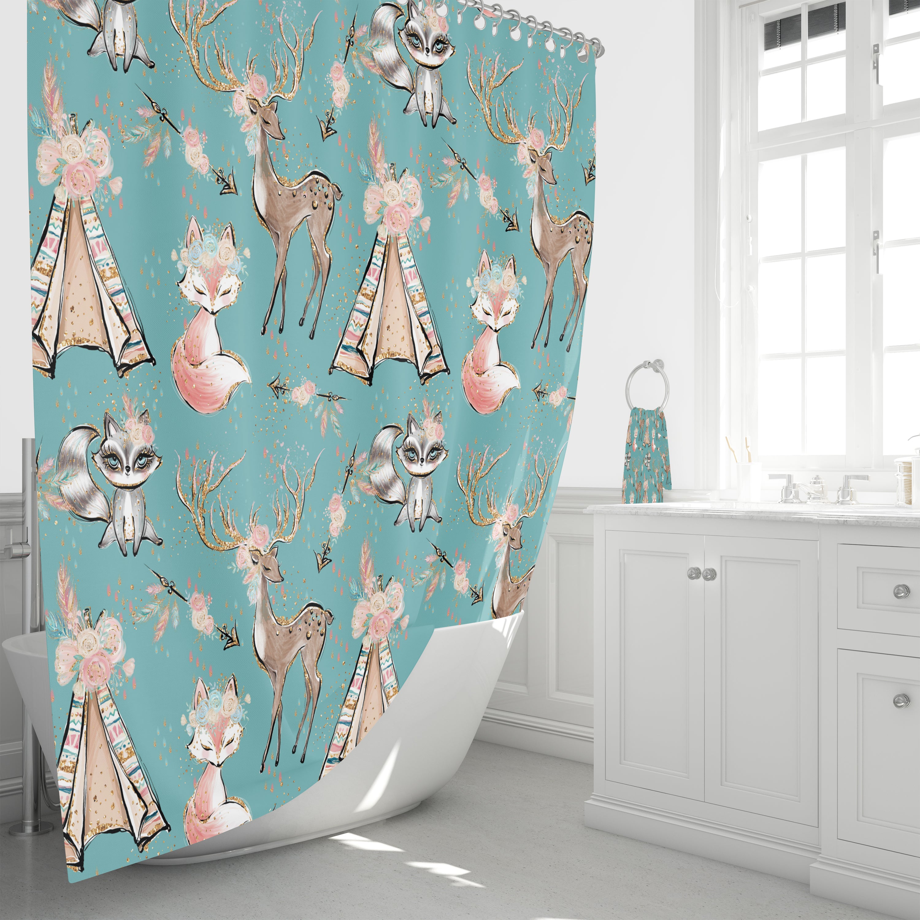 Turquoise Woodland Boho Shower Curtain Folk N Funky